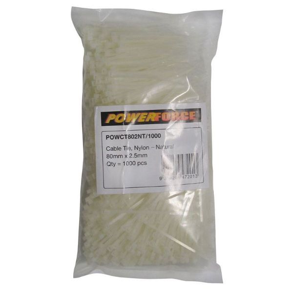 2.5 X 80mm Natural Cable Ties Pack Of 1000 8kgs Tensile Strength POWERFORCE — view 2