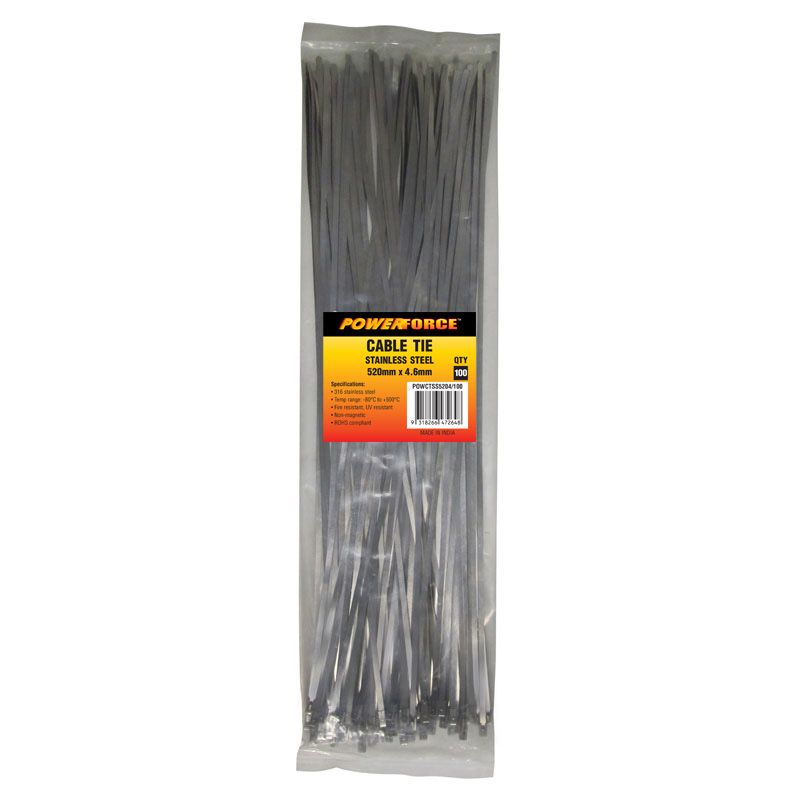 4.6 X 520mm 316L Stainless Steel Cable Ties Pack Of 100 667N/68kgs Tensile Strength POWERFORCE — view 2