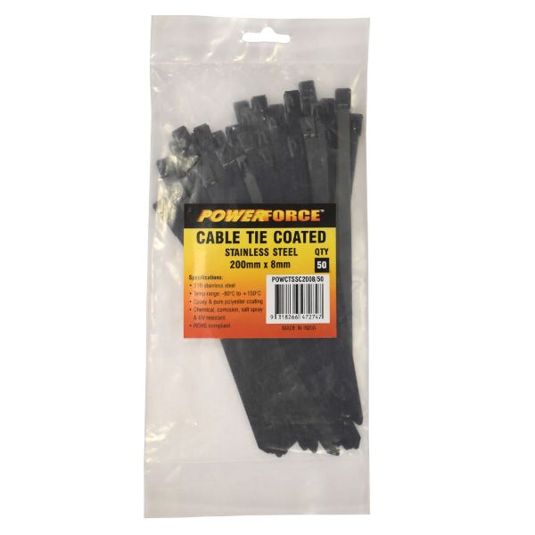 8 X 200mm 316L Stainless Steel Cable Ties Pack Of 50 1335N/136kgs Tensile Strength POWERFORCE — view 2
