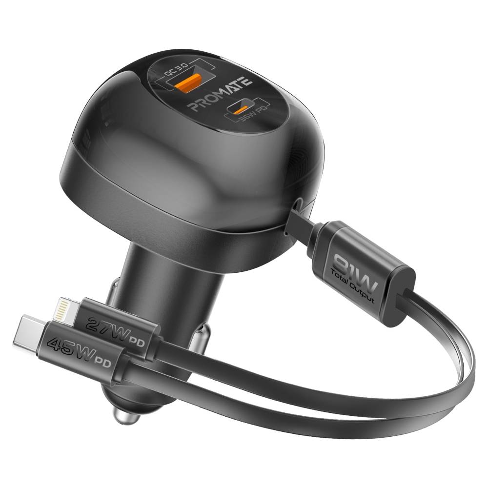 PROMATE 81W Multi-Port In-Car Phone Charger with Retractable USB-C & promate — view 2