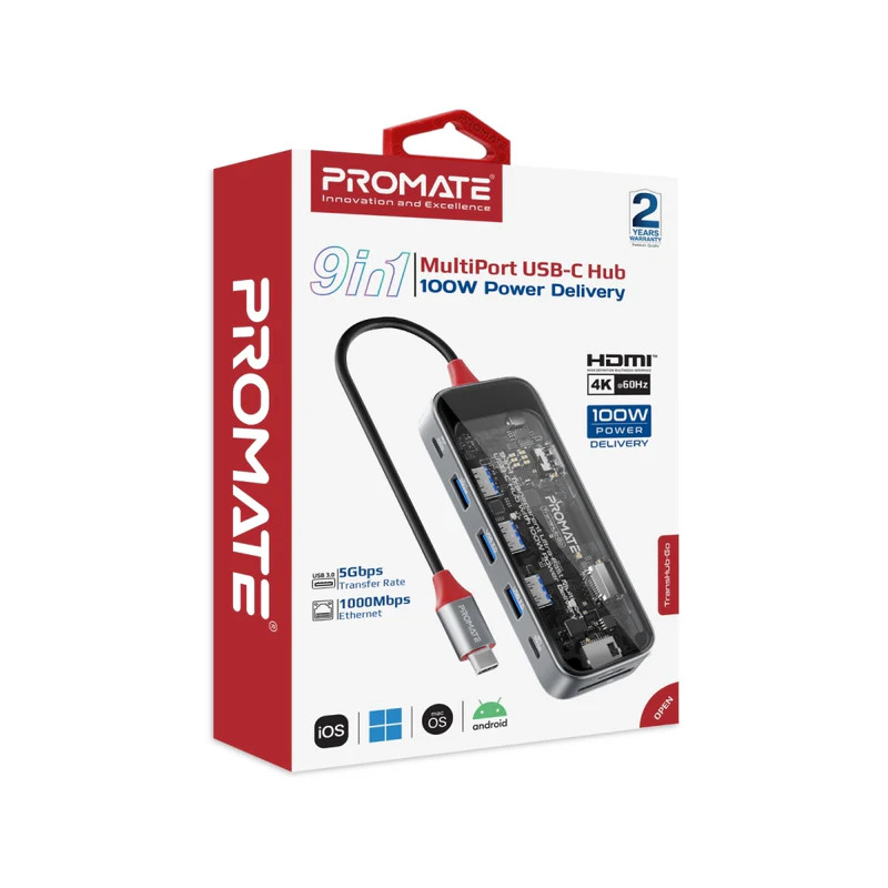 PROMATE 9-in-1 USB Multi-Port Hub with USB-C Connector. Includes 100W Promate — view 1