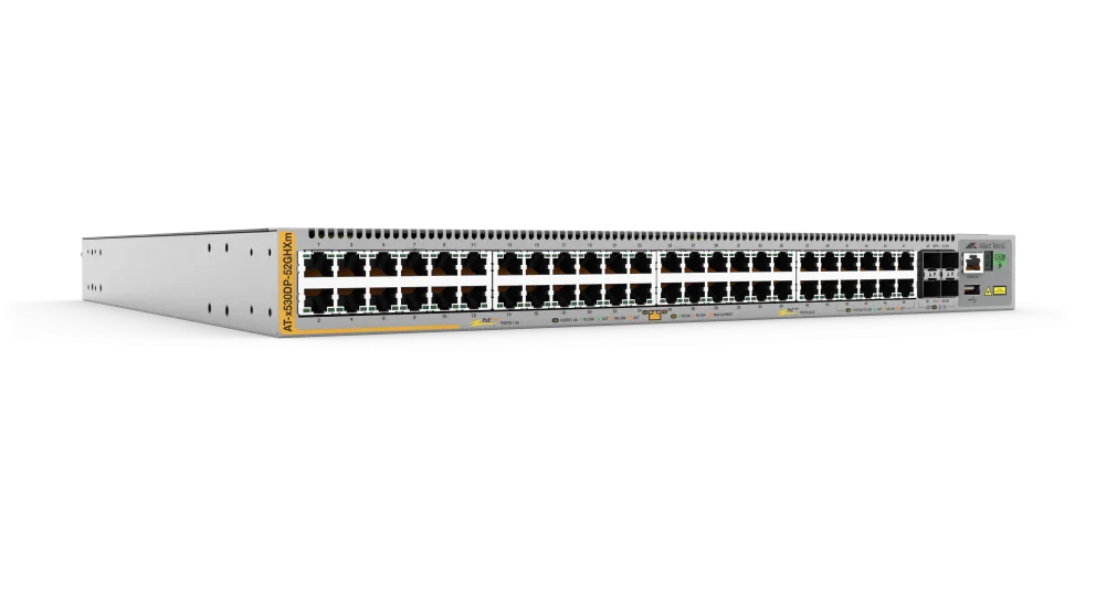 AT-x530DP-52GHXm-E01 24 port 10/100/1000-T PoE+- 16 port 10/100/1000-T PoE++- 8 port 100M/1G/2.5G/5G-T PoE++ stackable L3 switch with 4x SFP+ Ports and dual hotswap PSU bays with NCA Support 1yr Allied Telesis — view 2