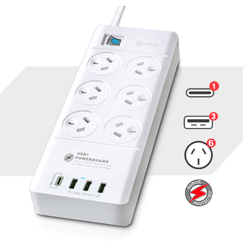 6 Outlet Powerboard with 3x USB-A and 1x USB-C Sansai — view 2