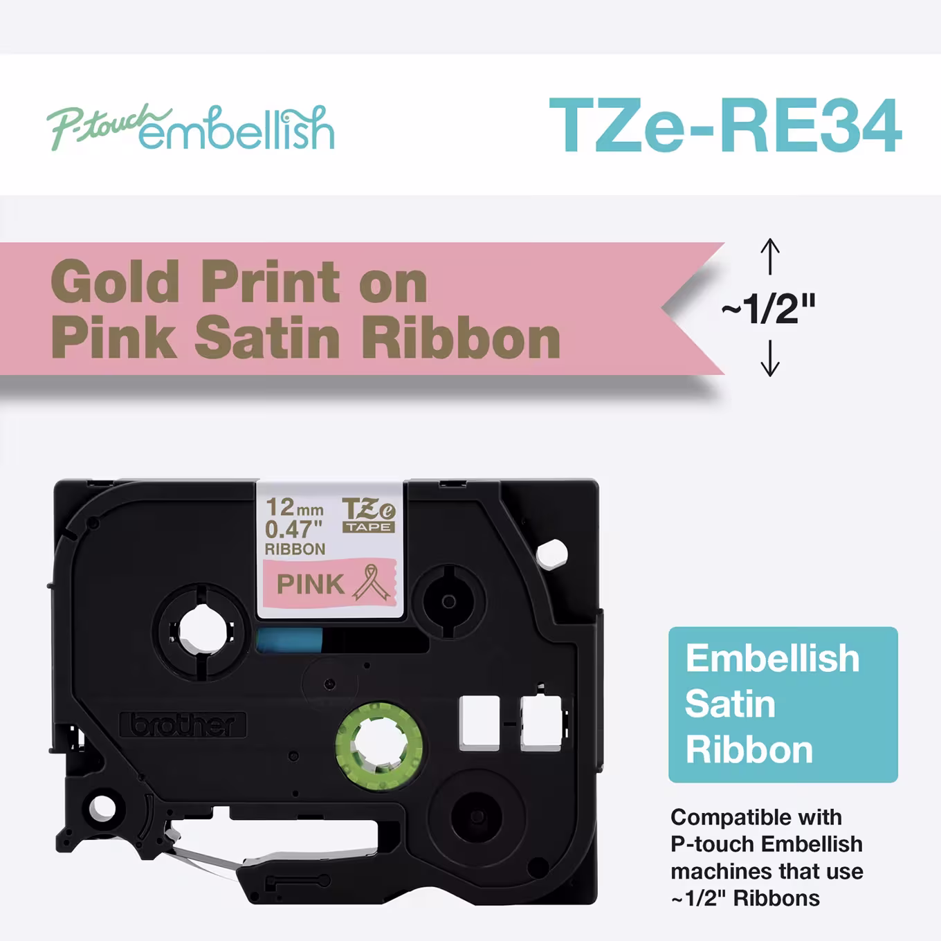 Brother TZe-RE34 12mm x 4m Gold on Pink Ribbon Tape Brother — view 2