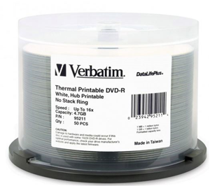 Verbatim DVD-R 4.7GB 16x Wht Wide Thermal Printable 50 Pack on Spindle Verbatim — view 2