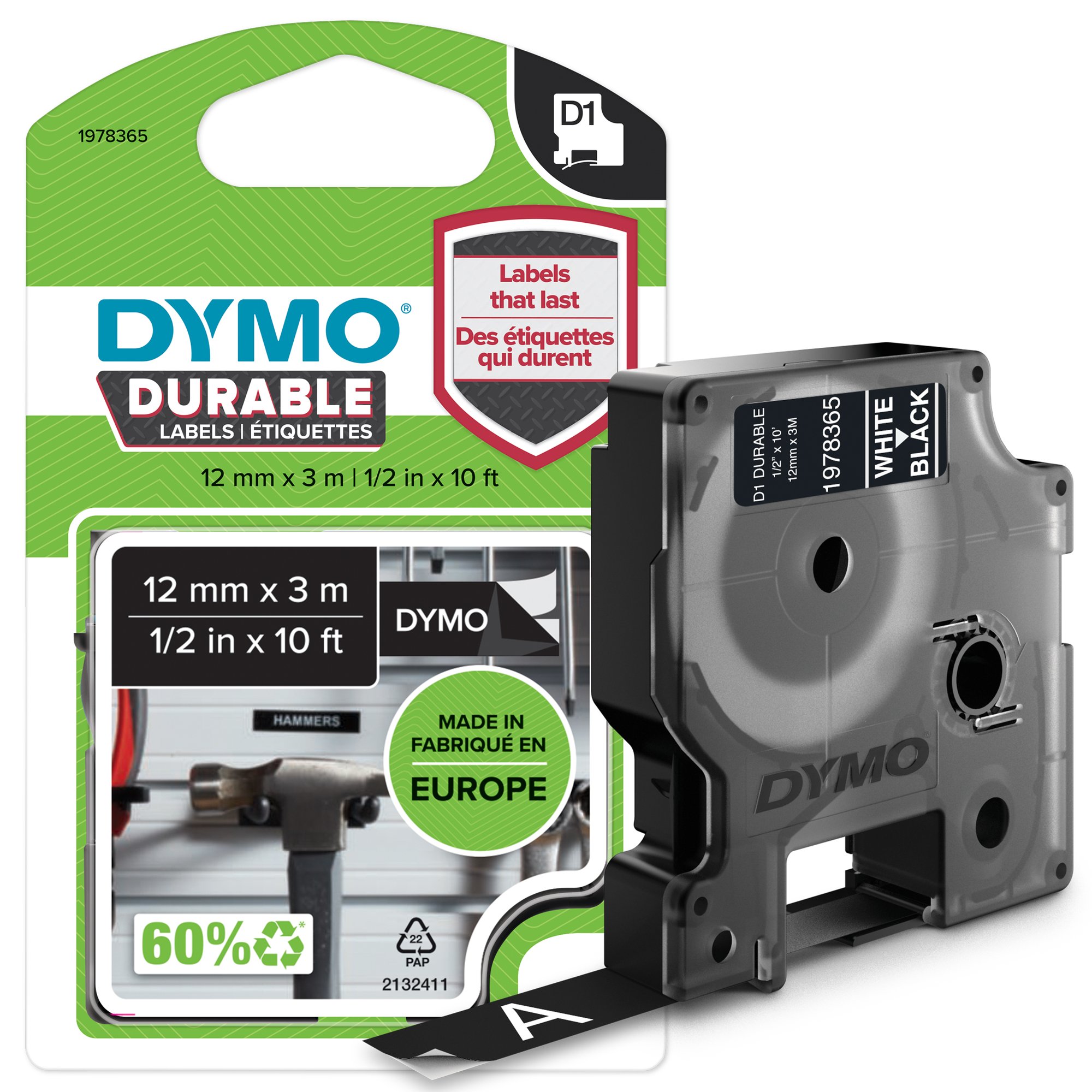 Dymo D1 Wht on Blk 12mm x 3m Dymo — view 2